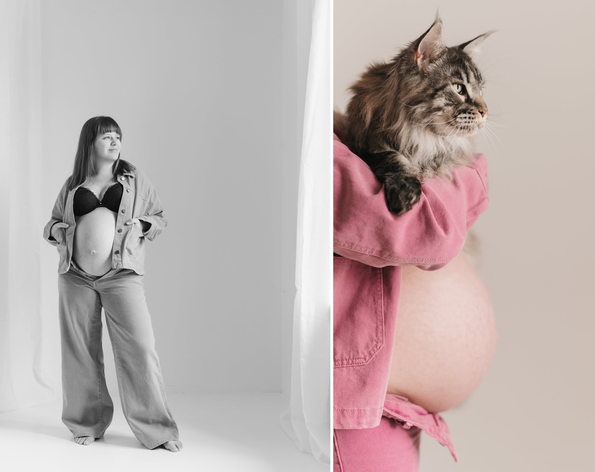 Kvinna klädd i casual rosa jeanskostym håller i katt under gravidfotografering i studio. 
