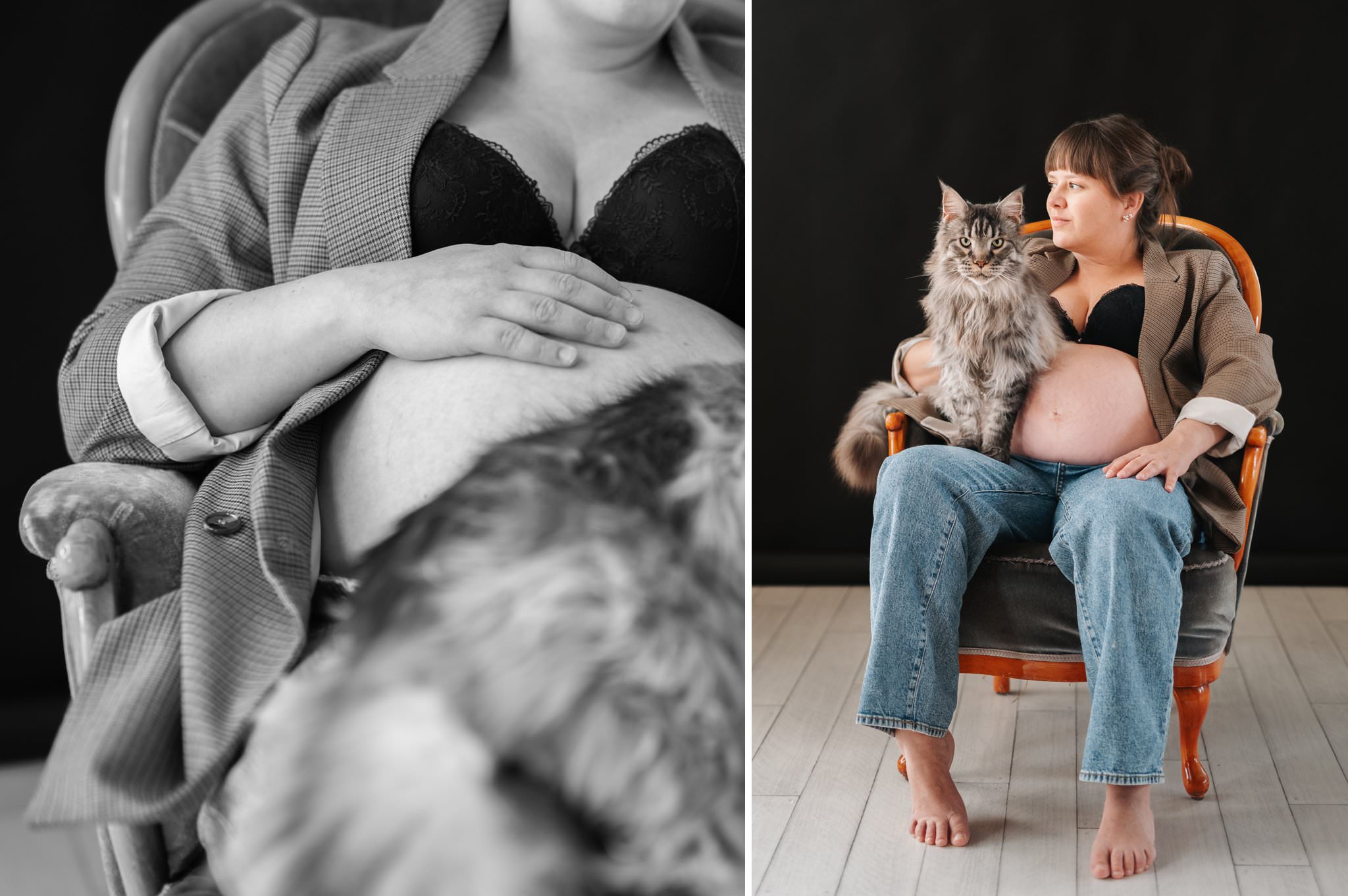 Gravidfoto med kvinna och katt. Kvinnan sitter i en fåtölj med katt i knäet. 
