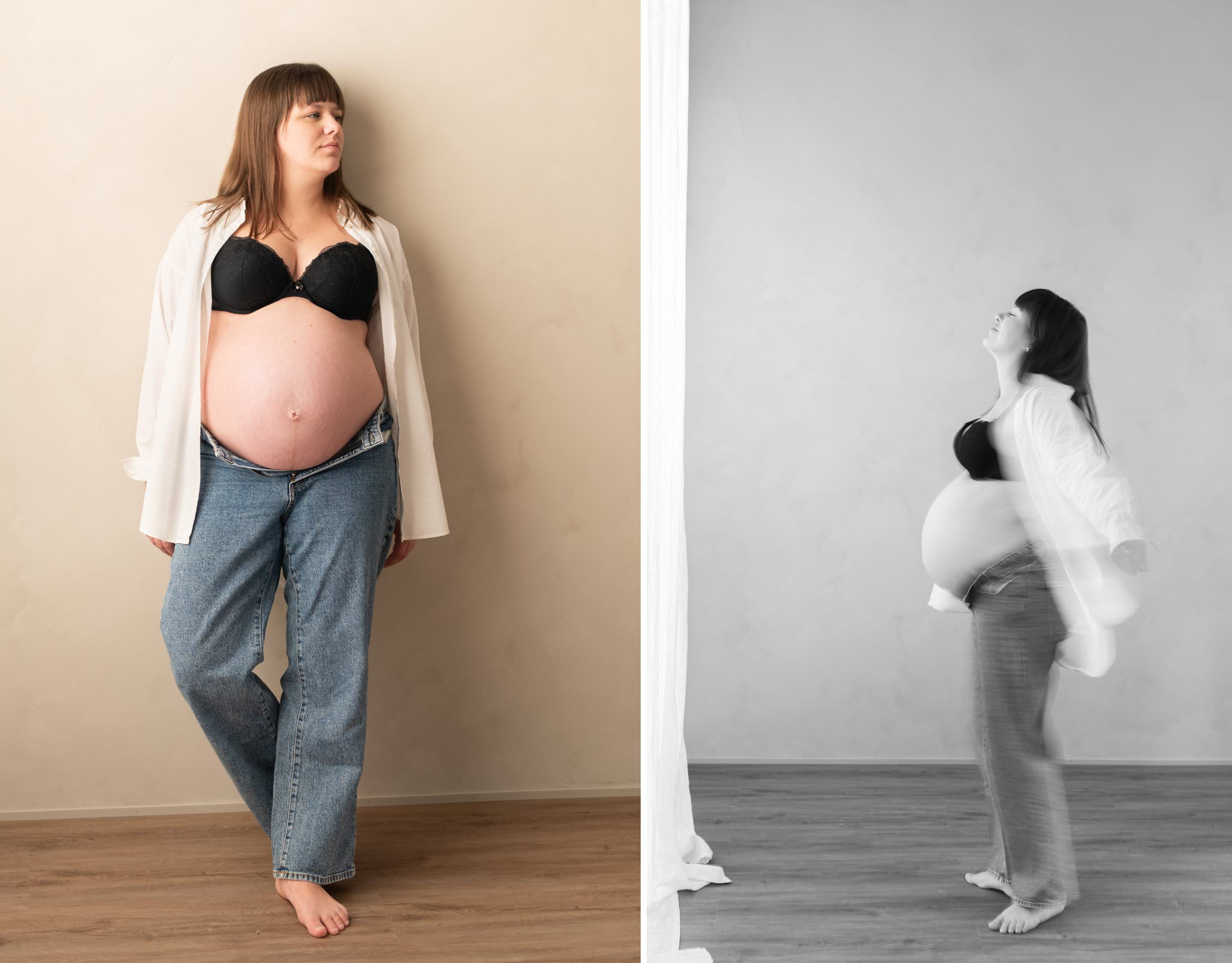 Gravidfotografering med kvinna i studio. Editorial stil. Kvinnan snurrar och är lite oskarp. 