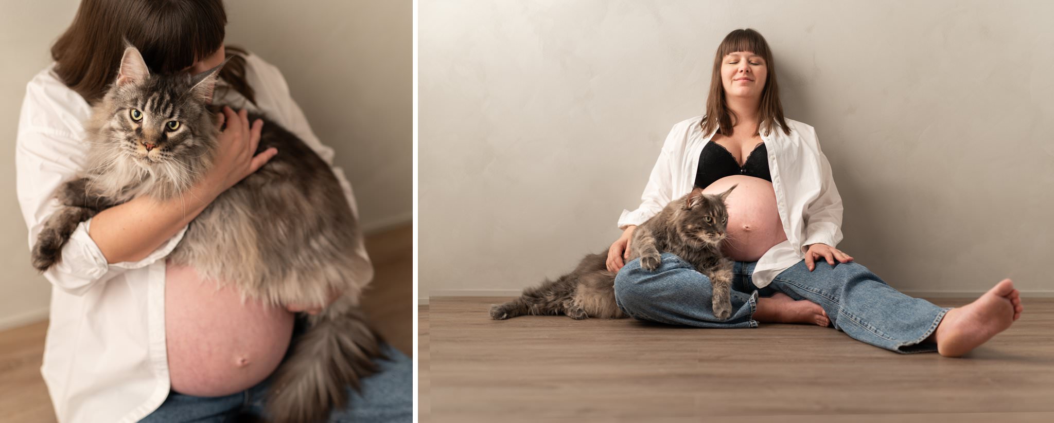 Gravidfotografering med kvinna och katt. Editorial stil med vist skjorta och jeans. 